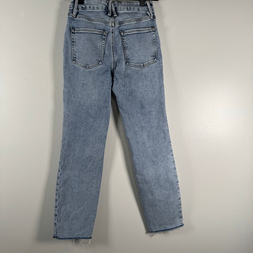 Good American Straight Leg Raw Hem Jeans Light Wash Indigo High Rise Womens Sz 0 - Picture 5 of 10